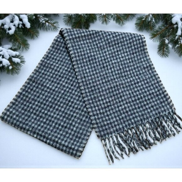 Vintage Italian Wool Blend Scarf Black Gray Checkered Fringed Edges Italy 65" - Picture 1 of 7